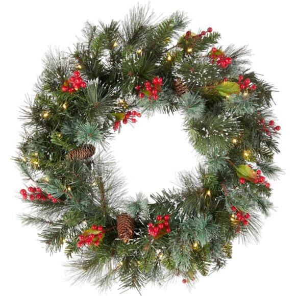 24" Pre-Lit Artificial Christmas Wreath - Green Pine, White Lights, Pine Cones - Picture 1 of 7